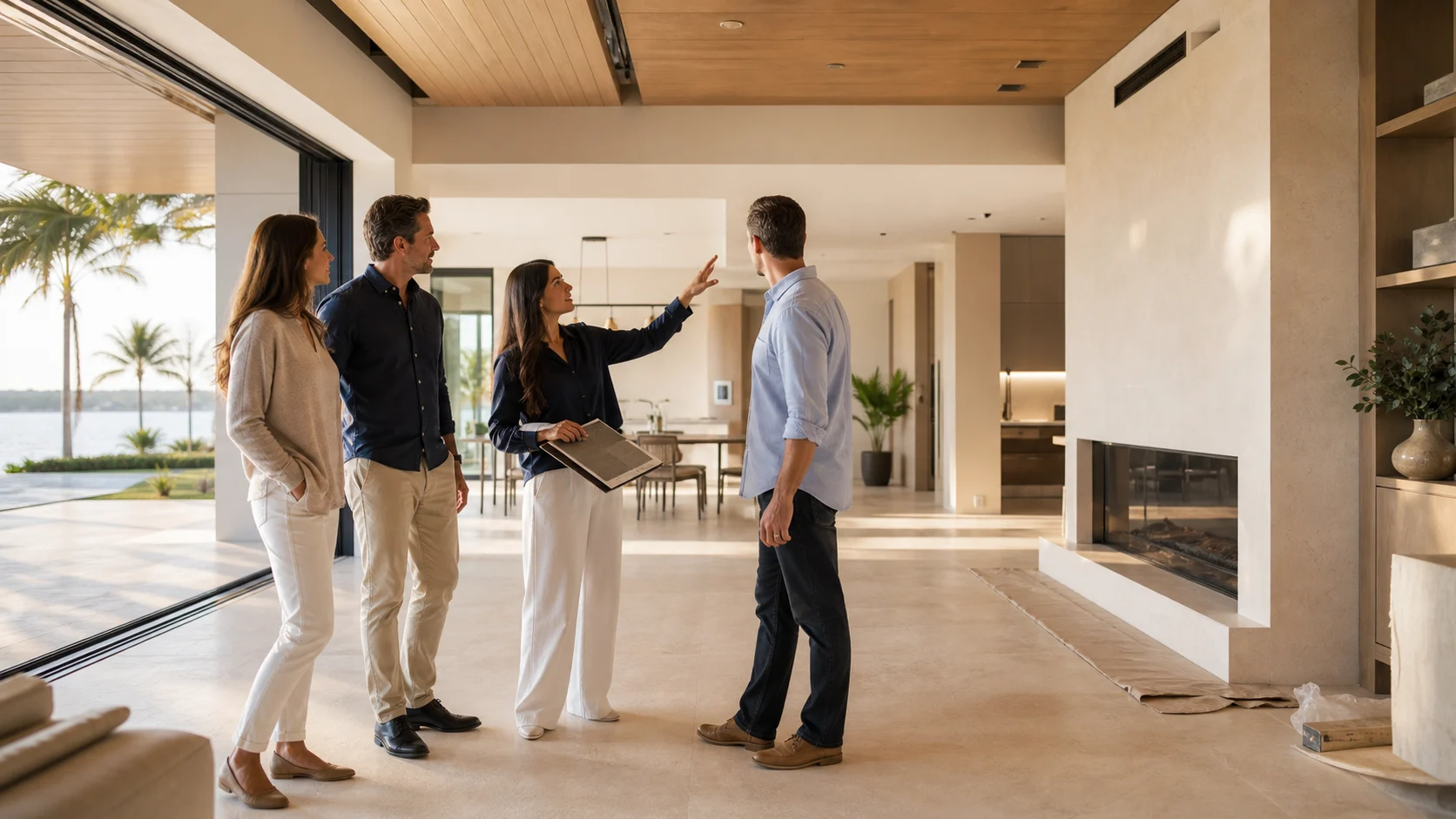 Homeowners, a designer, and a builder collaborating inside a custom home