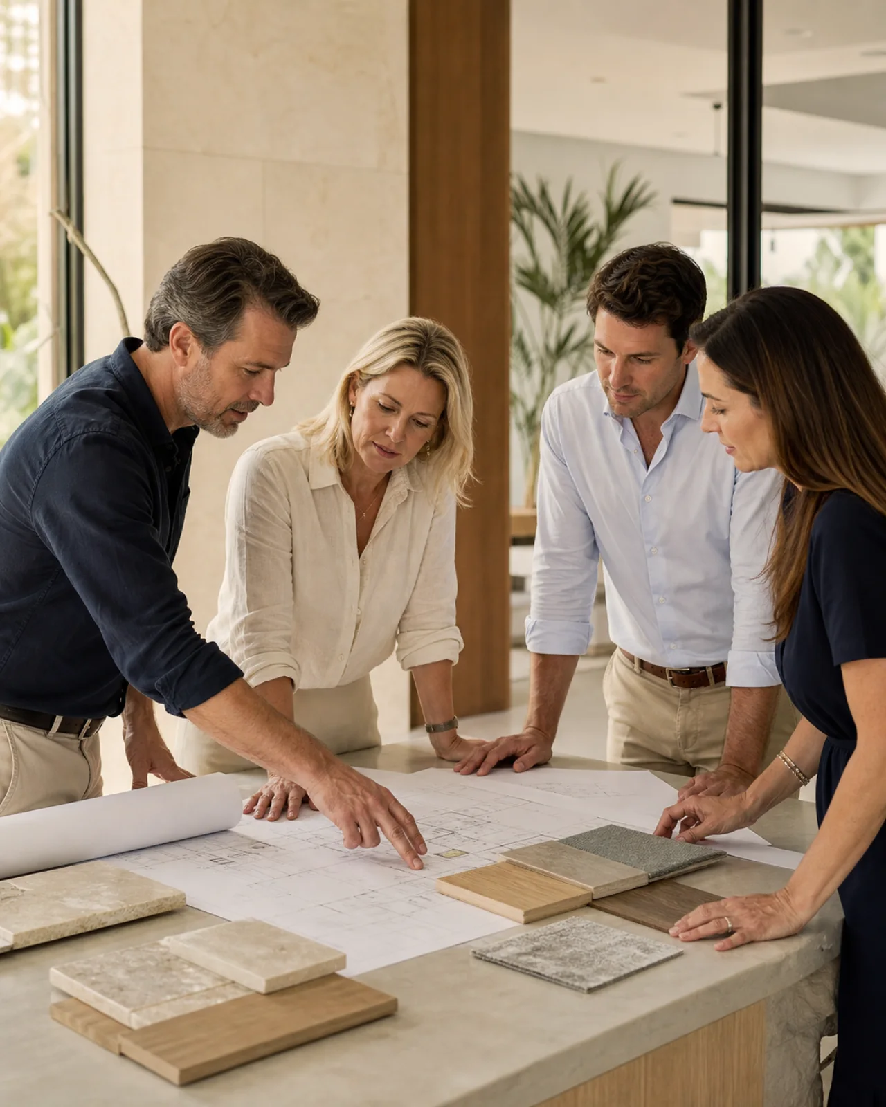 A consultant and homeowners reviewing plans and material selections