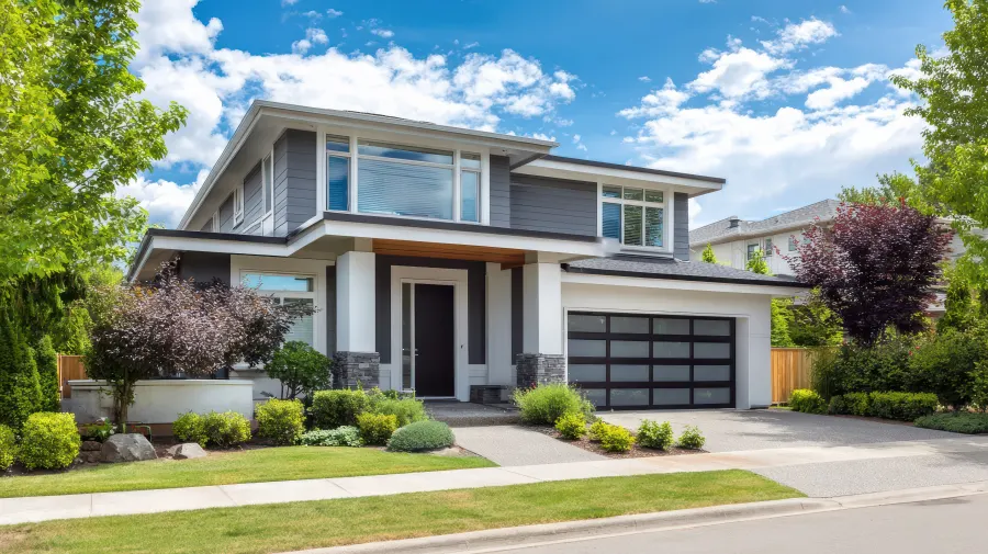 Contemporary custom home surrounded by landscaping