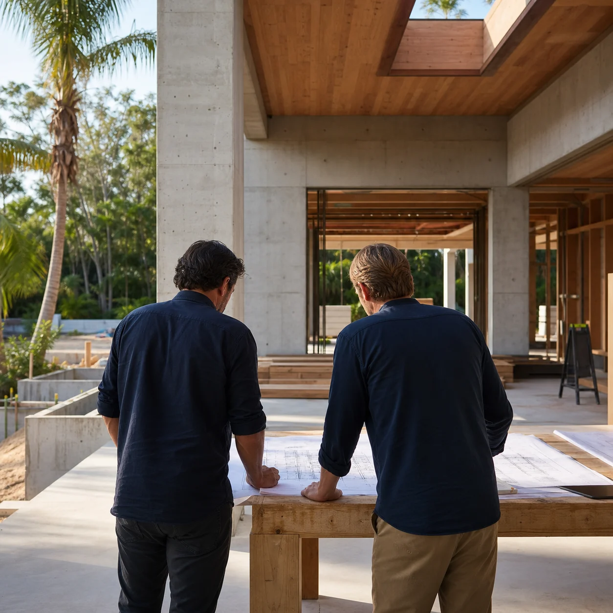 Builders reviewing architectural plans on site