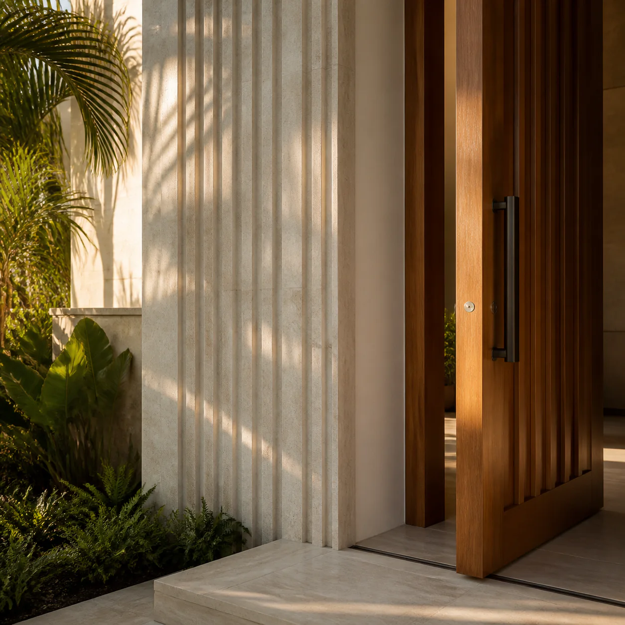 Crafted oak entry door framed by limestone and tropical landscaping
