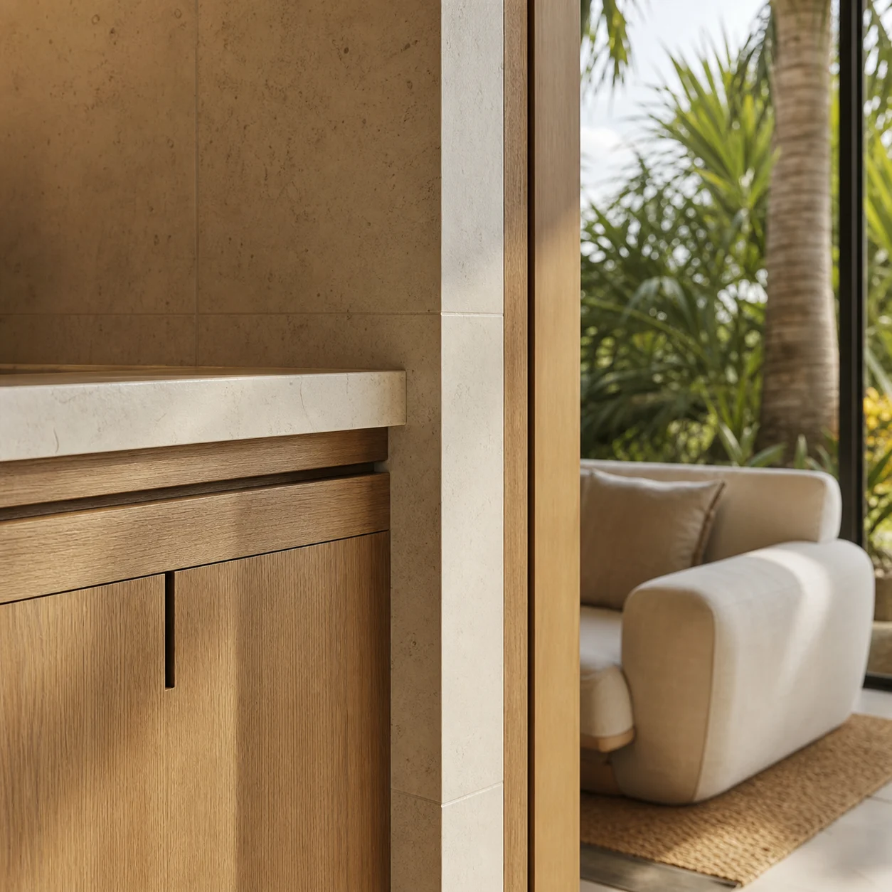 Natural oak millwork and limestone craftsmanship detail