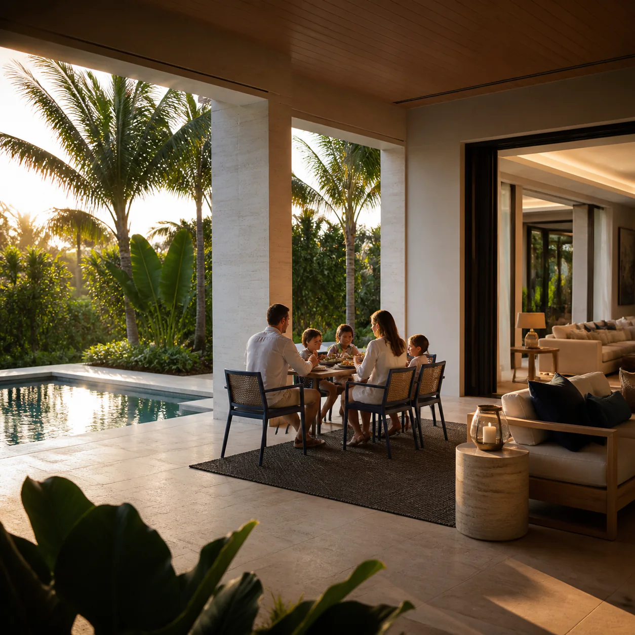 Family sharing an evening meal beside a Southwest Florida pool terrace