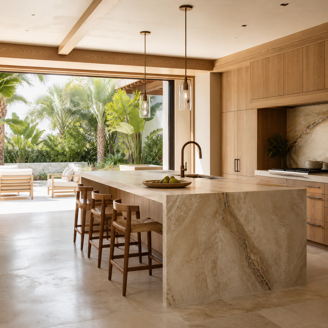 Sunlit Southwest Florida kitchen with natural oak cabinetry and a stone island