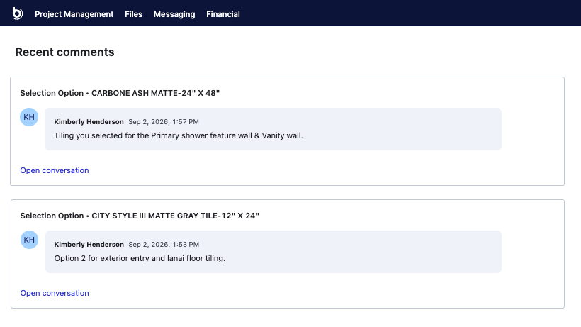 Recent comments from the Lifestyle Design Homes design team on two tile selections in the Buildertrend client portal, below the portal menu with Project Management, Files, Messaging and Financial
